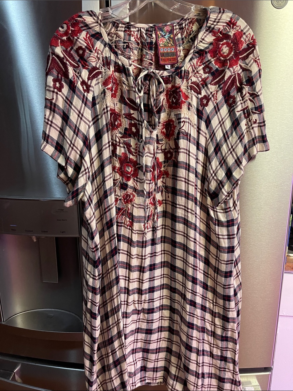 Johnny Was Plaid Tunic with Red Floral Embroidery